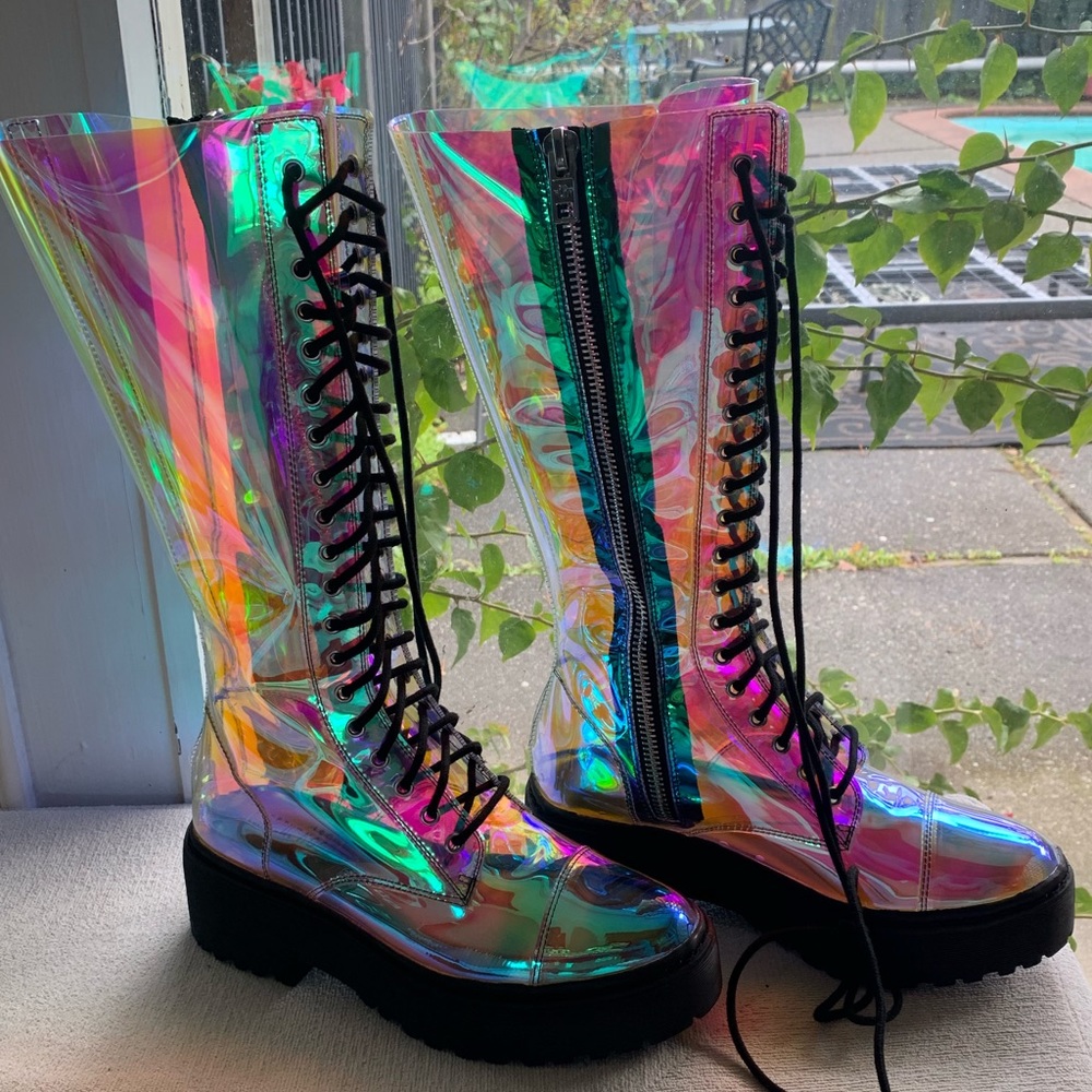 NIB 🦋Holographic Lace Up Knee Boots🦋 - Picture 2 of 6